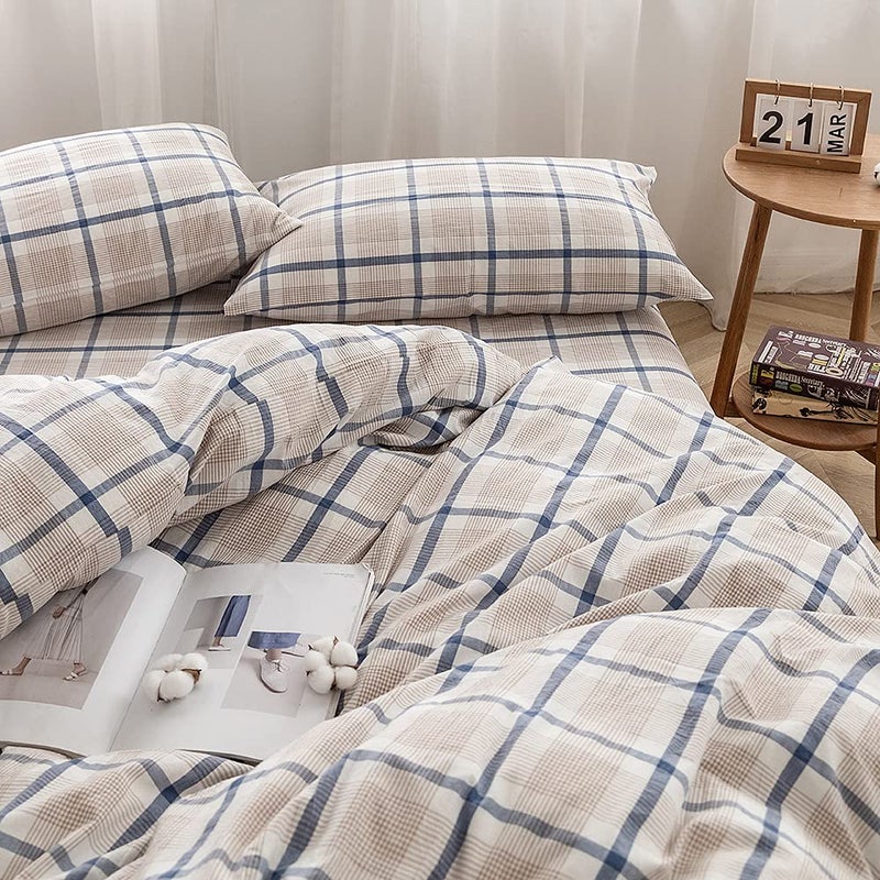 FACE TWO FACE Bedding Duvet Cover Set 3 Pieces 100% Washed Cotton Duvet Cover Linen Like Textured Breathable Durable Soft Comfy(King, Blue Grid) - Image 3